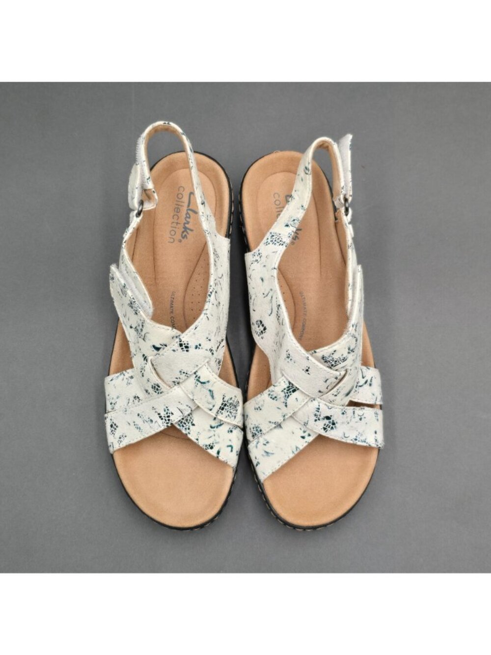 Clarks Merliah Echo Floral Wedge Sandals 7.5 White Blue Leather Slide Adjustable - Picture 2 of 12